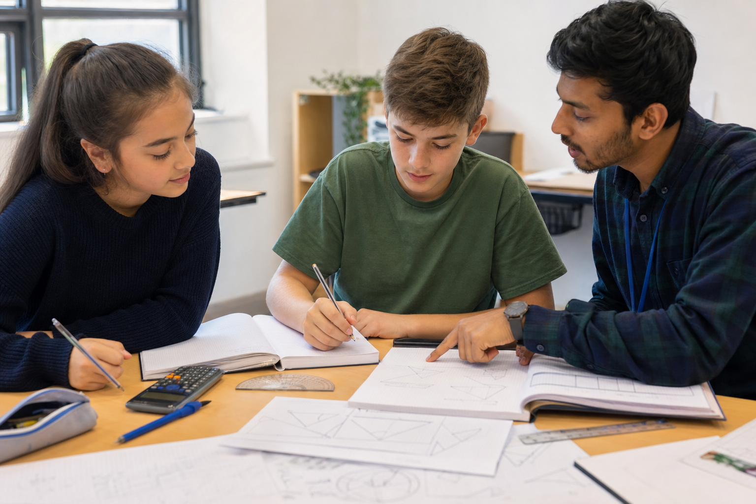 Year 7 students around 11 to 12 practising geometry and maths problems with tutor support
