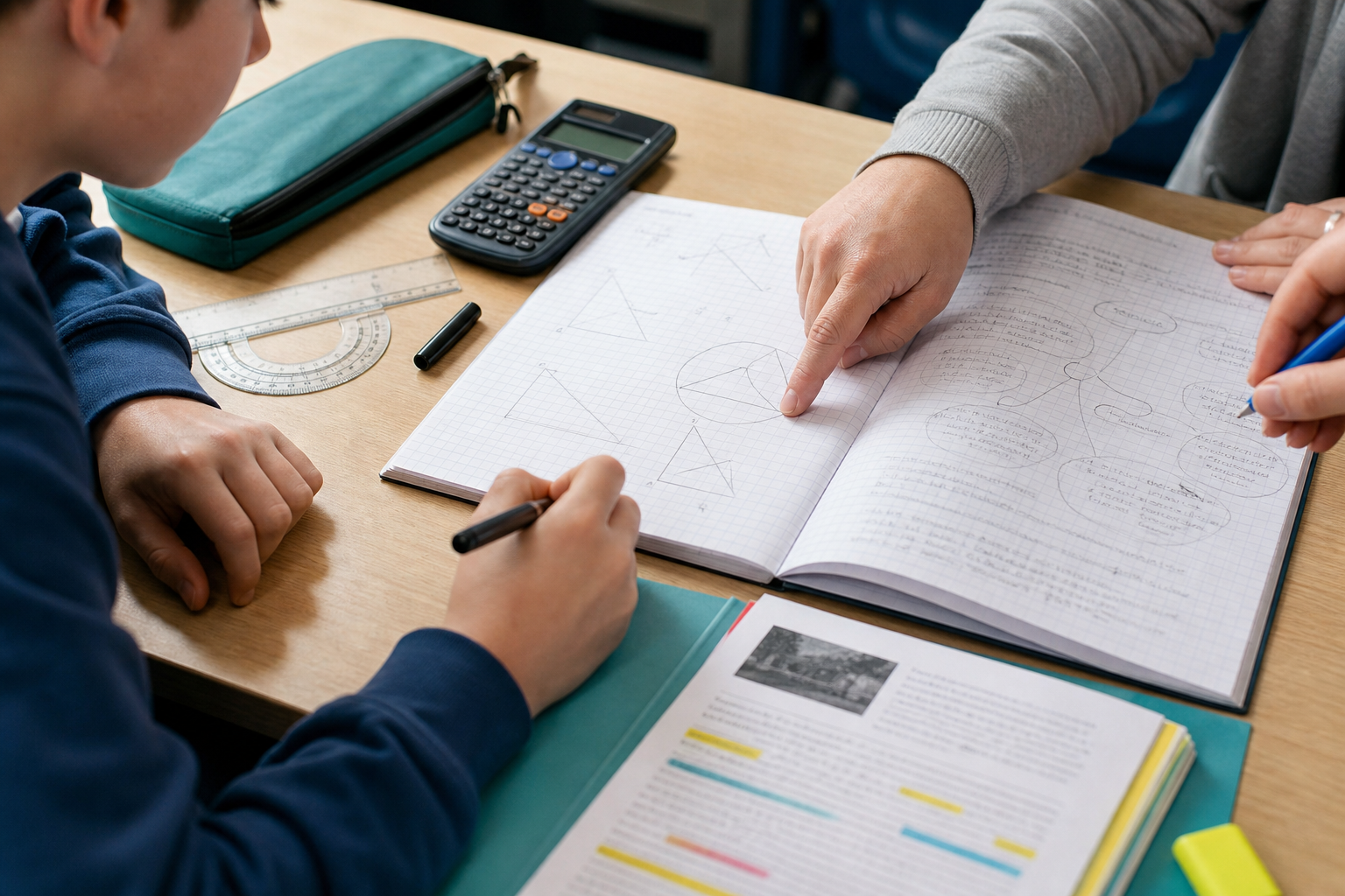 Year 8 student and tutor reviewing maths problem solving and English notes