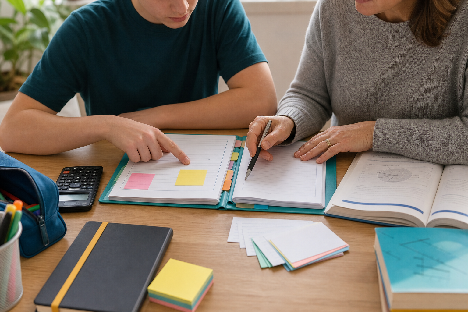 Parent and Year 9 student reviewing study planning, homework folders and revision materials together