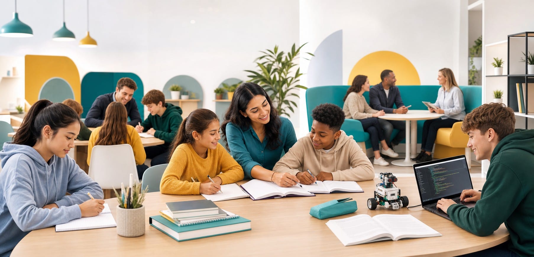 Super Thinkers students and tutors working across tuition, English, maths and coding waiting-list groups