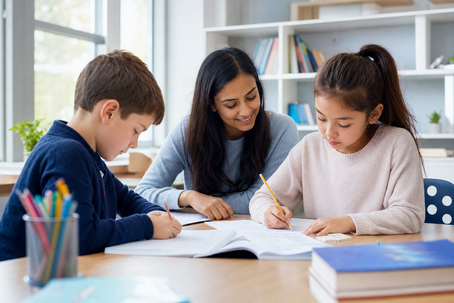 Year 4 students around age 9 studying confidently with academic books and learning materials