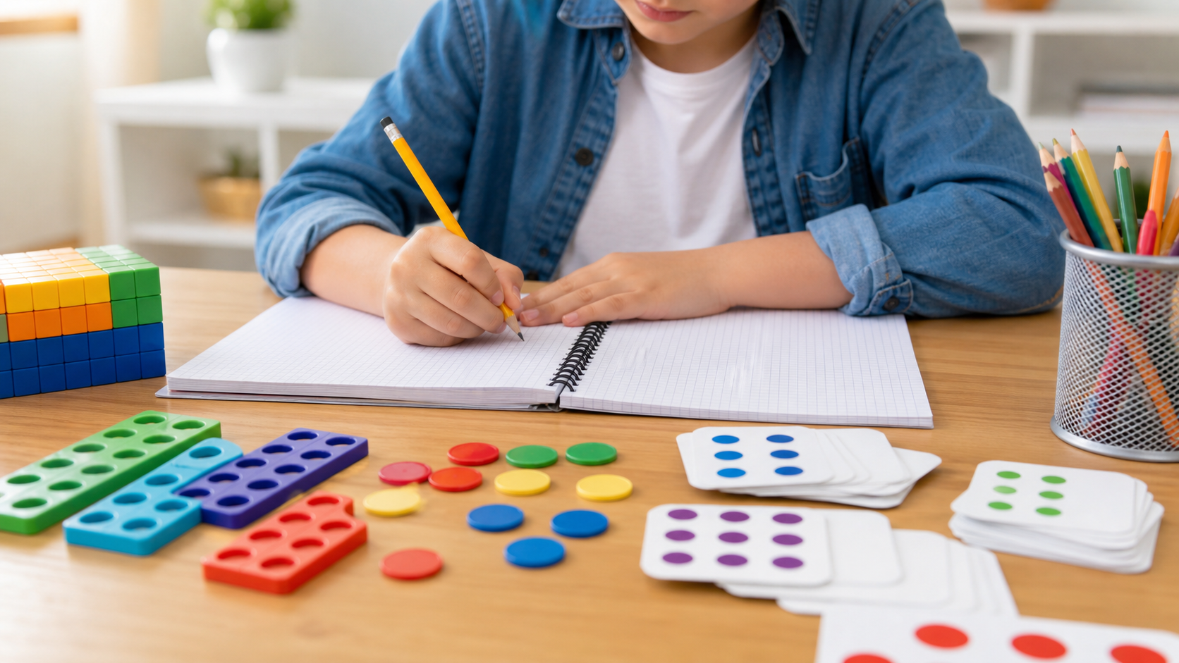 Year 4 pupil practising maths foundations with counters and exercise book