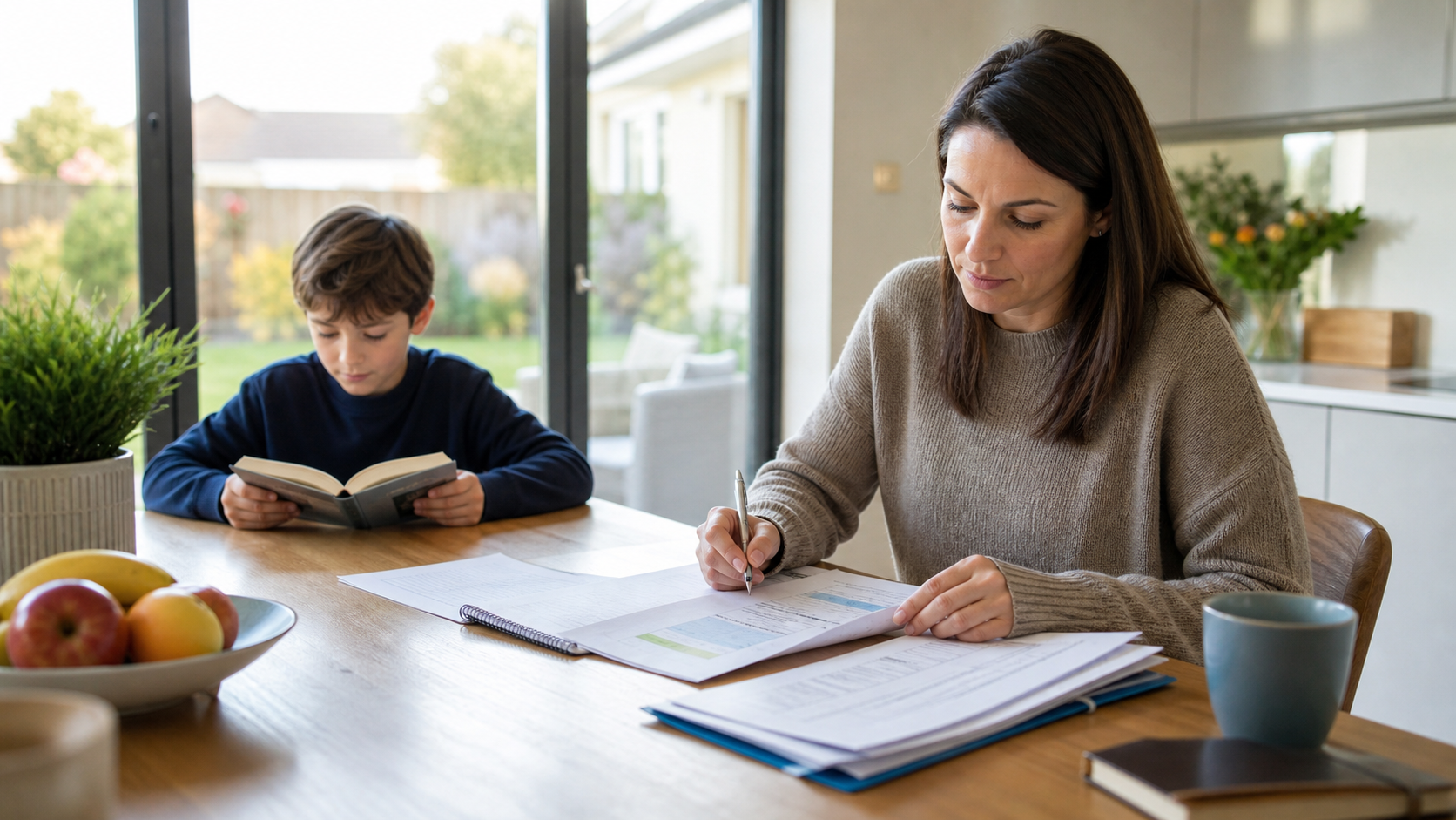 Parent calmly reviewing Year 4 school progress while child reads nearby