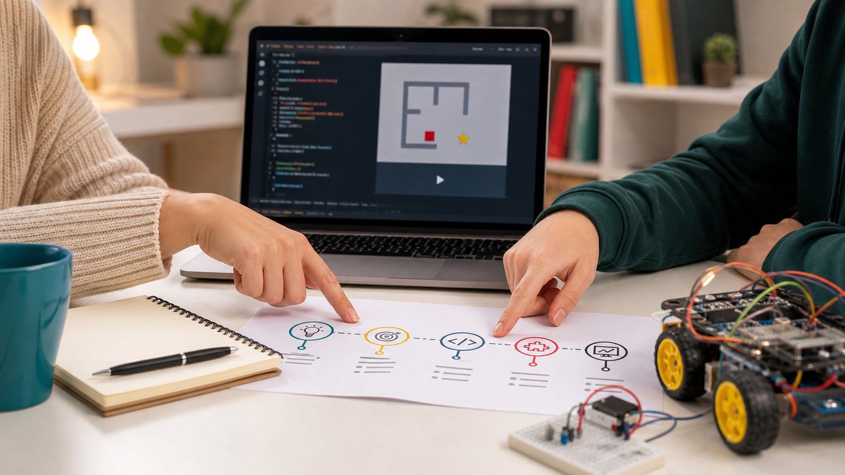 Parent and student reviewing a GCSE Computer Science study plan with coding and robotics materials