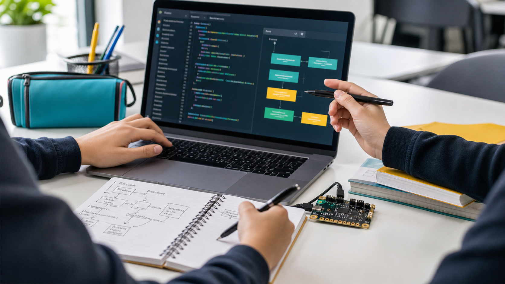 GCSE Computer Science students working on code, algorithms and microcontroller activities at a tuition desk
