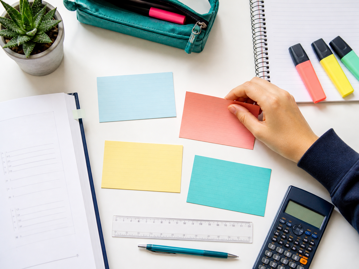 Organised GCSE revision planning with study cards, highlighters and a calculator