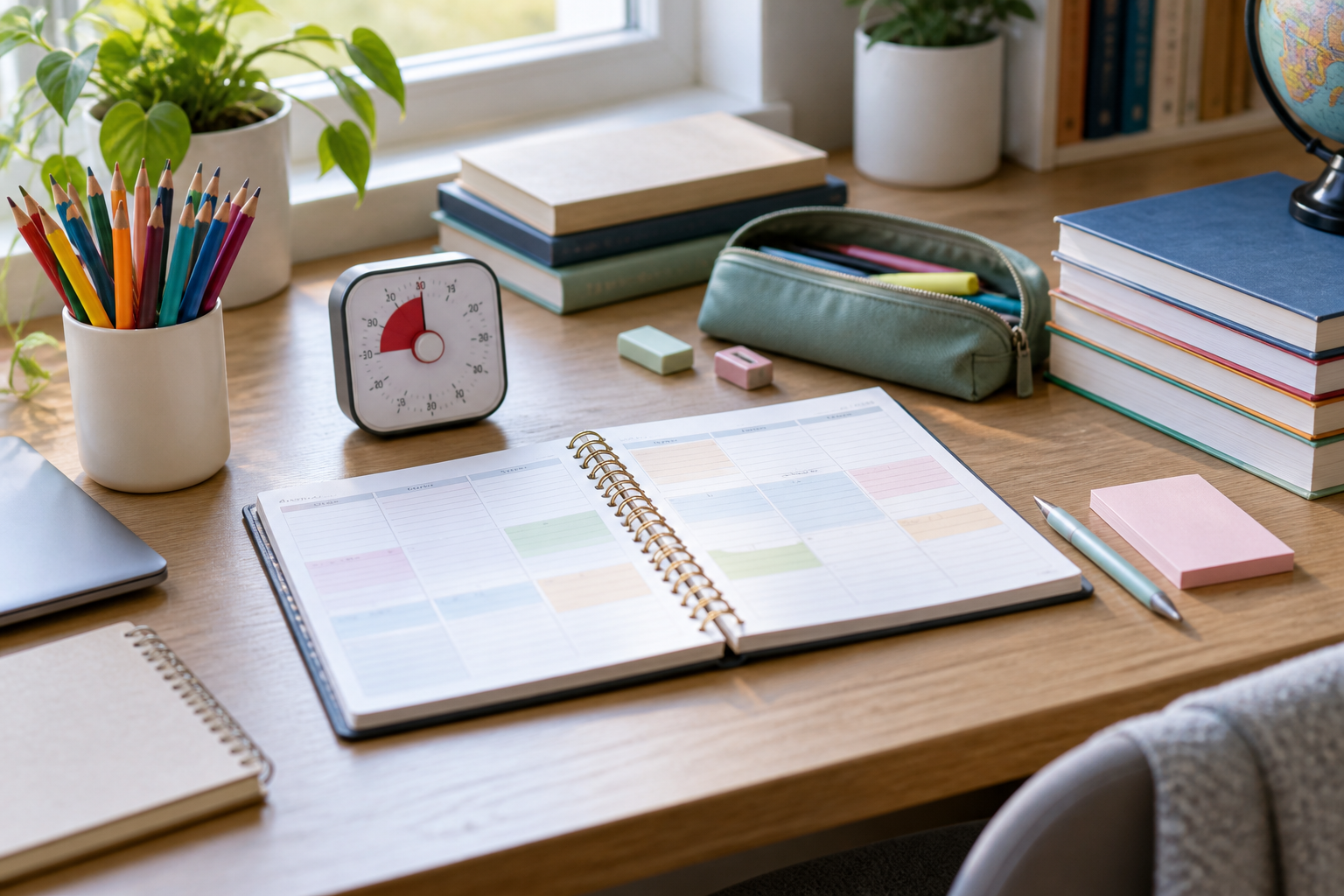 Organised homework desk with a weekly planner, timer, pencils and school books