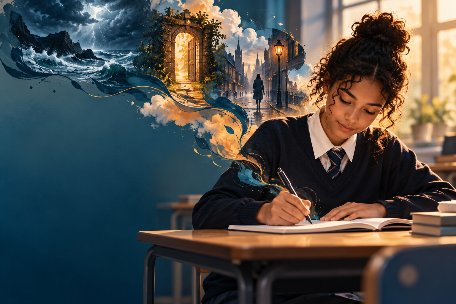 GCSE student developing creative-writing ideas in a focused classroom