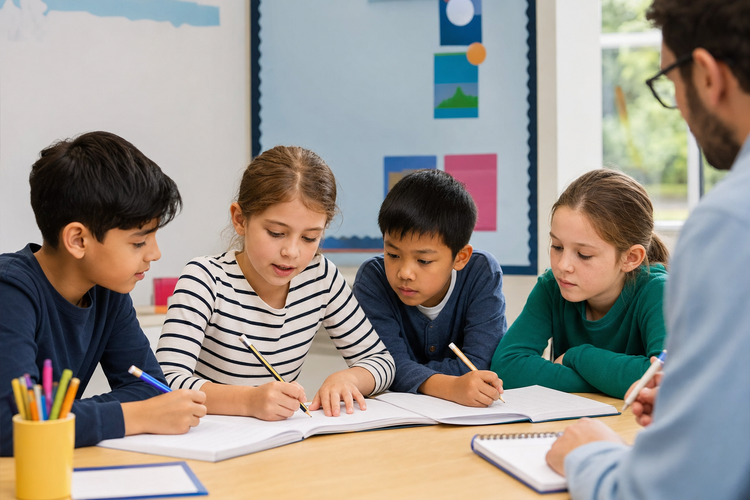 Confident Year 4 11 Plus students around age 9 learning in a bright tuition centre classroom