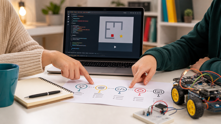 Parent and student reviewing a GCSE Computer Science study plan with coding and robotics materials