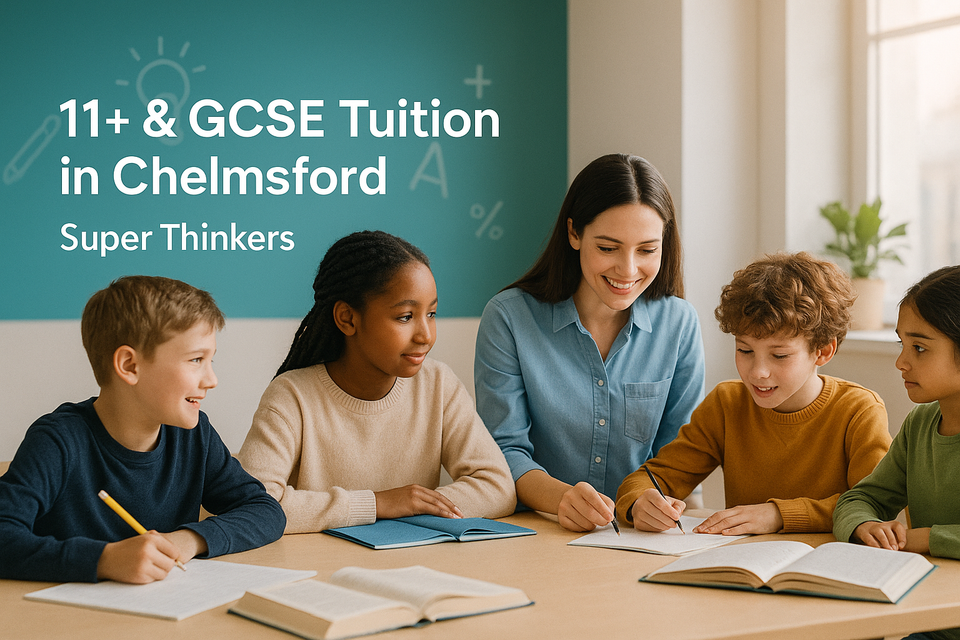 Tutor guiding four pupils in a bright classroom at Super Thinkers Chelmsford during a small-group study session.