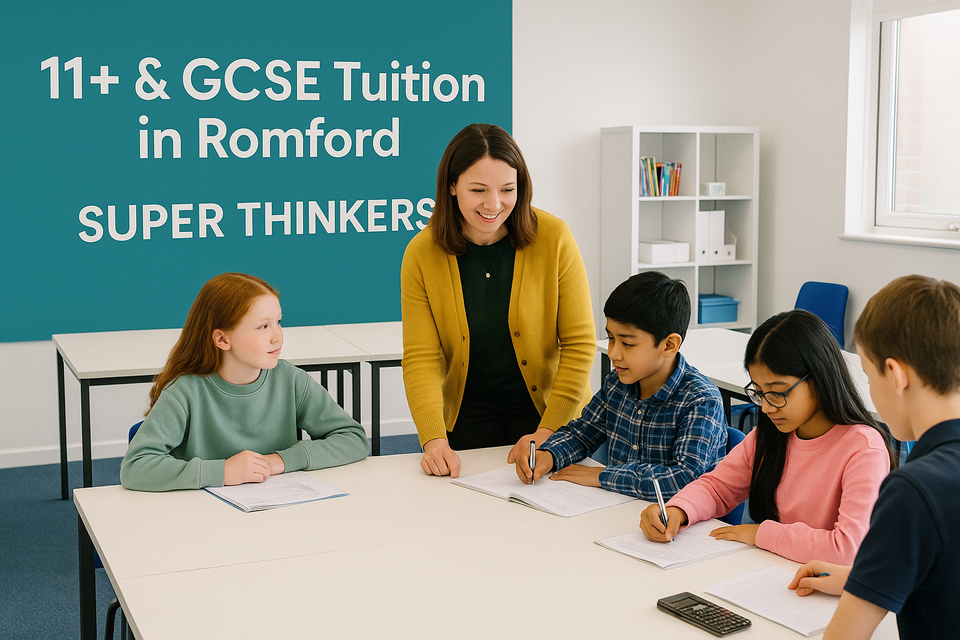 11+ & GCSE tuition in Romford — Super Thinkers banner in a bright classroom.